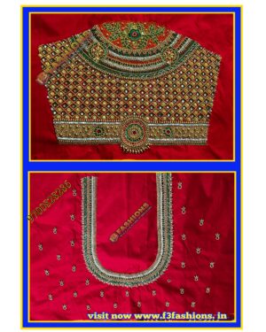 Red blouse check kundan flower design maggam work