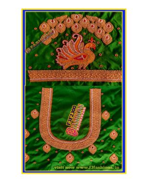 Green Blouse peacock design elbow hand Maggam work