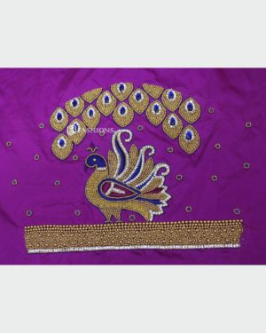 Purple Blouse peacock design elbow hand Maggam work