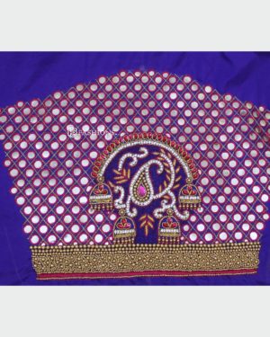 Royal Blue blouse check mirror design maggam work