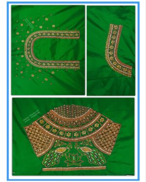Parrot Green Colour Check  Peacock Design Maggam Work Blouse