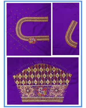 Purple Colour Peacock Water work Design Maggam Work Blouse