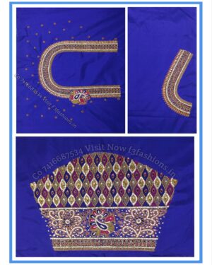 Carbon Blue Colour Peacock Water work Design Maggam Work Blouse